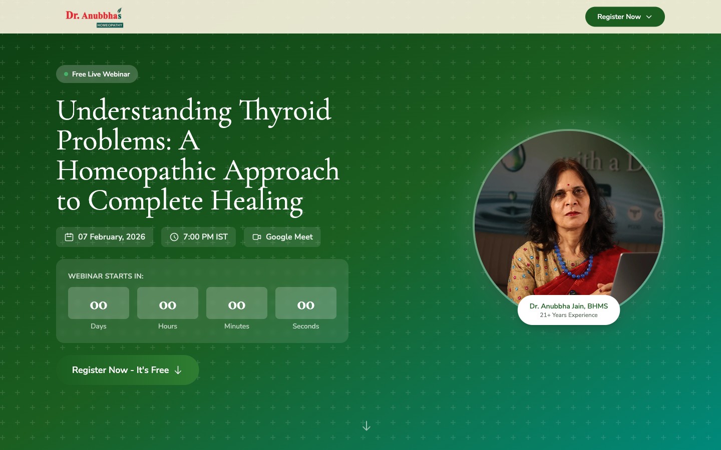 Free thyroid webinar funnel for Dr Anubha Classical Homeopathy