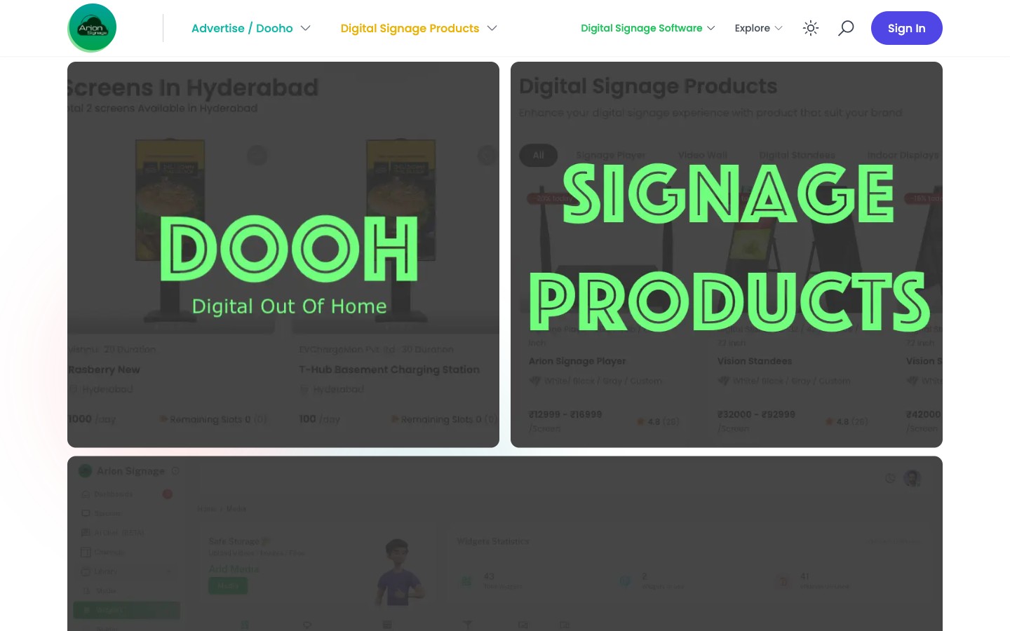 Arion Signage home page, the cloud digital signage platform behind the DOOH network