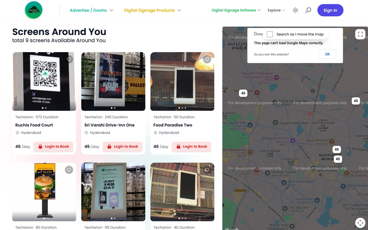 Screens around you: the Arion Signage marketplace listing nine bookable screens in Hyderabad at ₹45 a day