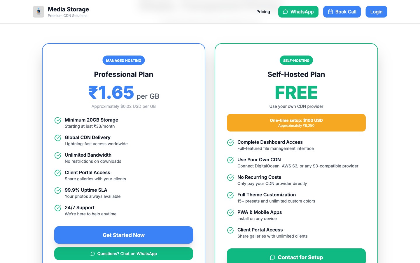 Media Storage pricing page showing the per gigabyte rate