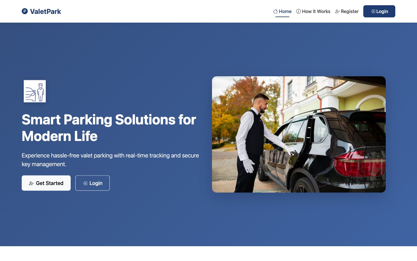 ValetPark home page on a laptop