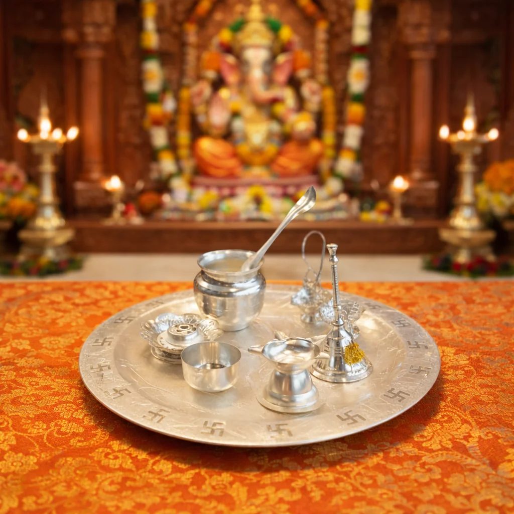 German silver pooja samagri set with complete vessel combo