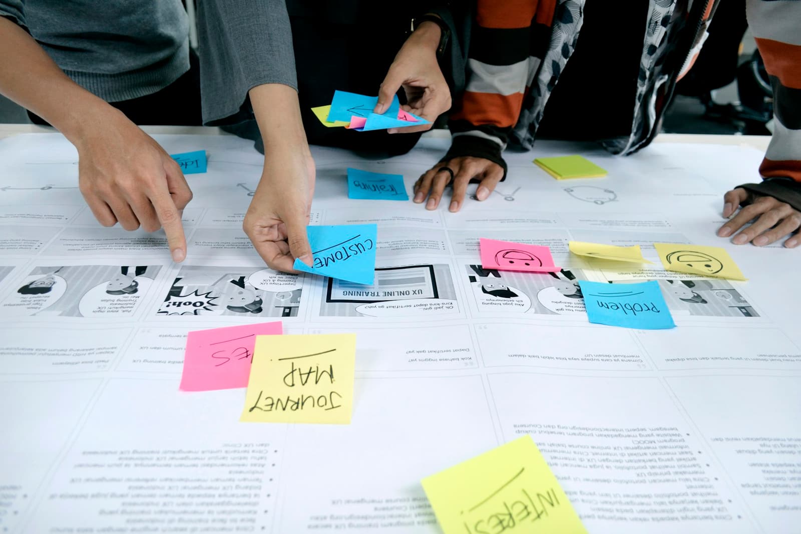 Hands arranging sticky notes over a printed user-journey storyboard